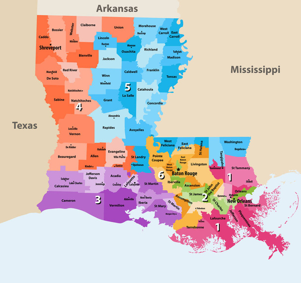 ルイジアナ州の議会地区ベクトル地域と主要都市名を持つ高の詳細地図 - ベクター画像
