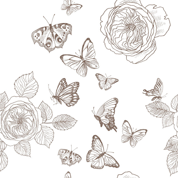 Patrón sin costuras de rosas silvestres florecen rama y mariposa. Ilustración botánica vintage dibujada a mano. Flores de primavera de rosa jardín, rosa perro. Diseño vectorial
 - Vector, imagen