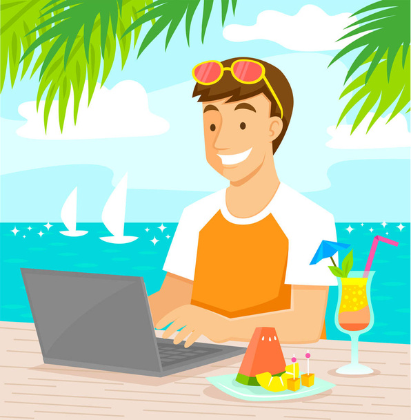 junger Mann arbeitet am Strand an seinem Laptop, während er tropische Früchte und einen Cocktail genießt. - Vektor, Bild