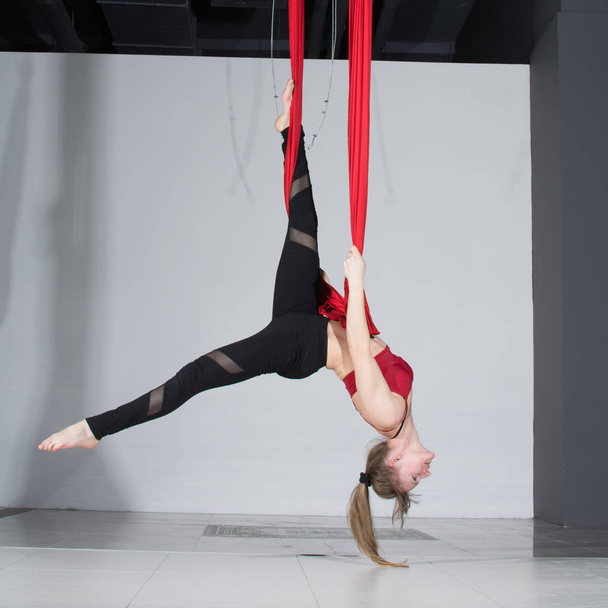 Fly yoga. Young woman practices aerial anti-gravity yoga with a hammock in fitness club on gray background. - Foto, imagen