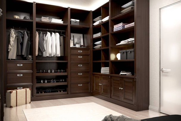 beautiful wood wardrobe and walk in closet. 3d illustration - 写真・画像