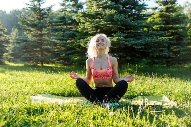 Photo of young curly-haired sports woman practicing yoga on rug in park - Photo, Image