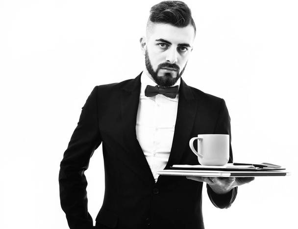 Concept of business coffee break. Businessman or office manager with convincing and concentrated face expression - Foto, Imagem
