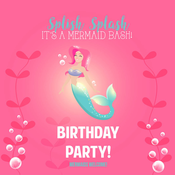 Барвистий векторний шаблон запрошення на вечірку на день народження з русалкою на рожевому фоні
 - Вектор, зображення