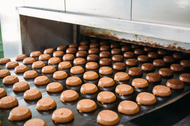 Piekarnia automatycznej linii produkcyjnej z słodkie ciasteczka na przenośnik pasa wyposażenie maszyny w warsztacie fabryki cukierniczej - Zdjęcie, obraz
