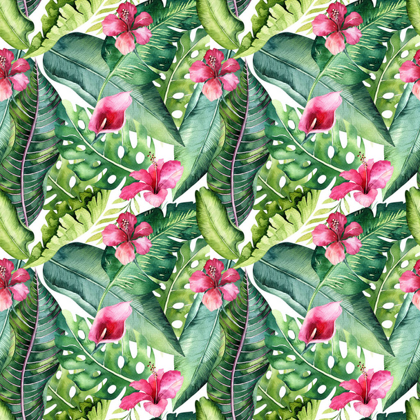 Tropical seamless floral summer pattern background with tropical palm leaves, pink flamingo bird, exotic hibiscus. Perfect for wallpapers, textile design, fabric print. - Foto, afbeelding