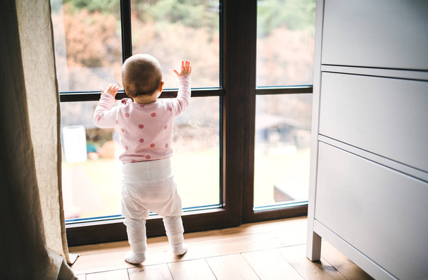 A toddler child standing by the window on the floor at home. - 写真・画像