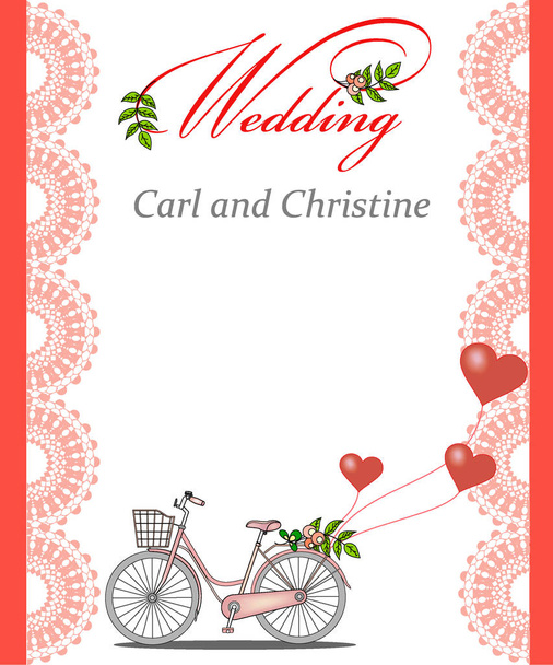 convite para um casamento com uma bicicleta e bolas na forma de um coração e renda no estilo de scrapbooking
 - Vetor, Imagem