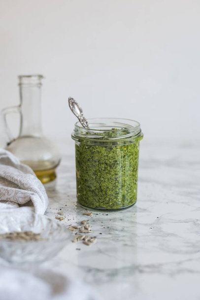 Homemade pesto with olive oil - Photo, Image