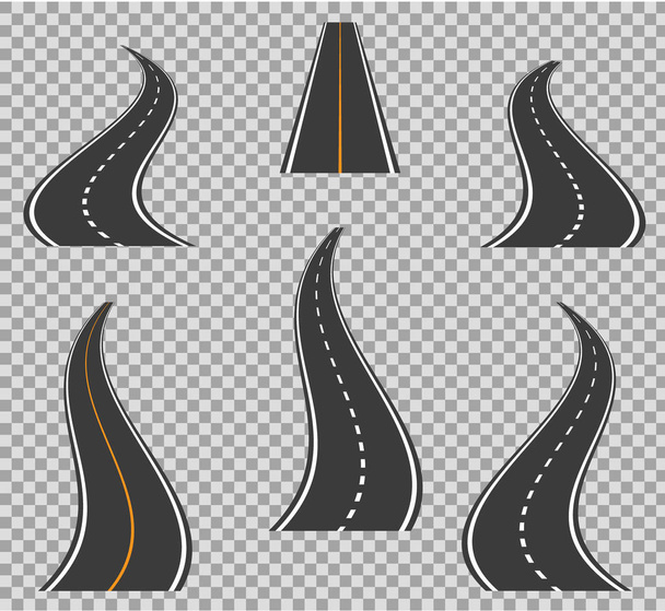 Road icons footpath bending and high ways. Road curves geometric design vector illustration. Street and road with footpaths and crossroads. Vector elements for city map. Highway asphalt path traffic streets - Vector, Image