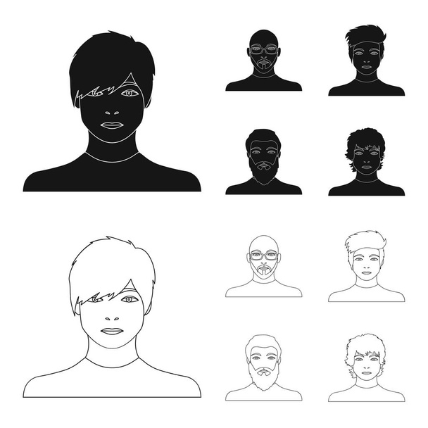 眼鏡とひげ、髭の男、髪型の男の出現でハゲ男の顔。顔と外観は黒でアウトライン スタイル ベクトル シンボル ストック イラスト コレクション アイコンを設定 - ベクター画像