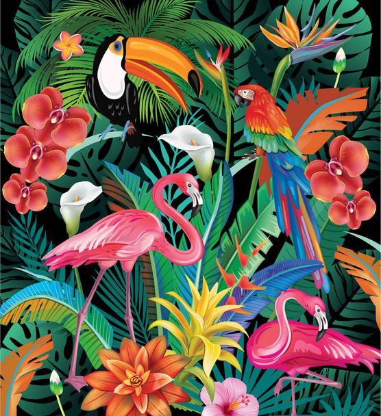 Kompozisyon tropikal yaprak ve kuşlar çiçekler - Vektör, Görsel