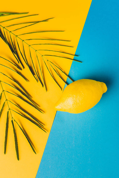 Verse citroen fruit op pastel blauwe en gele achtergrond. Minimale zomer concept. Flat lag. Vitamine C. - Foto, afbeelding