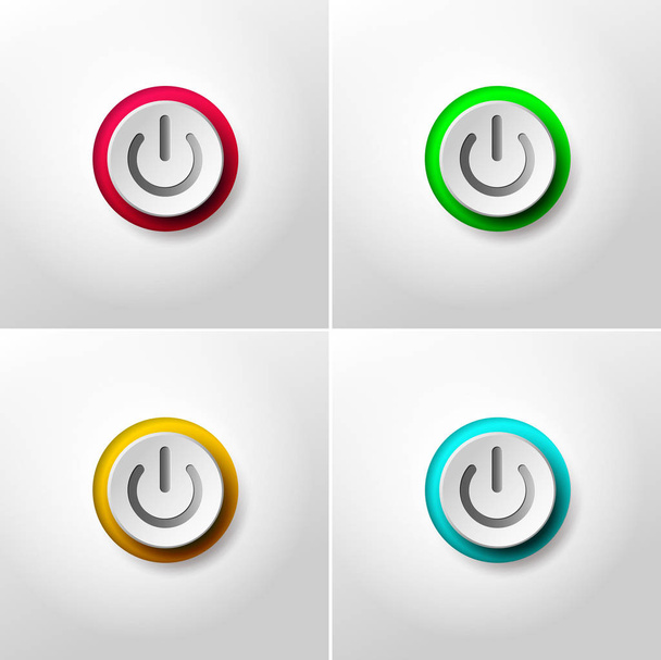 Set of web icon push button power. Red, green, yellow and blue colors. Vector illustration. Isolated on white background - Vector, Image