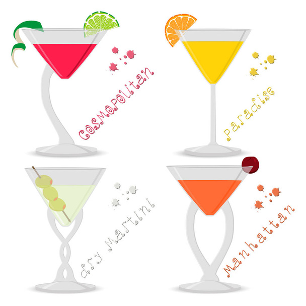 Vector illustration for set alcohol cocktails manhattan, cosmopolitan, paradise, martini. Full glass cup with cocktail, slice fruits. Cocktail manhattan, cosmopolitan, paradise, martini for holiday. - Vector, Image
