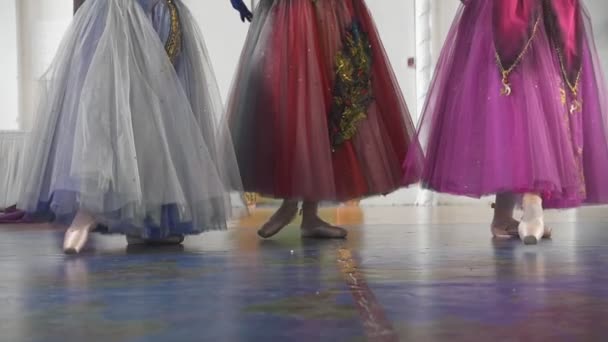 Tres atractivas bailarinas en coloridos vestidos bailando en zapatos puntiagudos en un amplio estudio
 - Imágenes, Vídeo