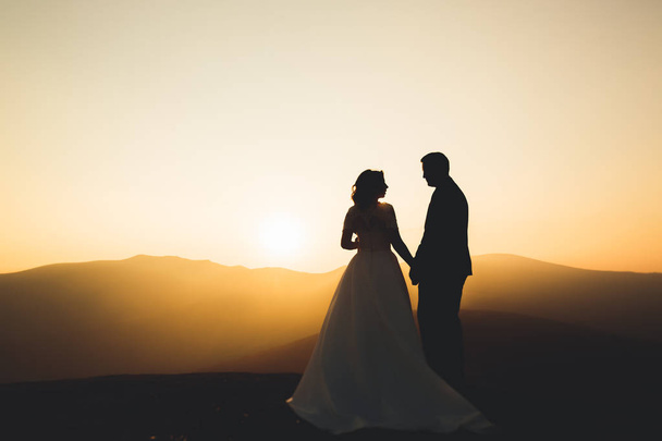 Wedding couple posing on sunset at wedding day. Bride and groom in love - Fotografie, Obrázek