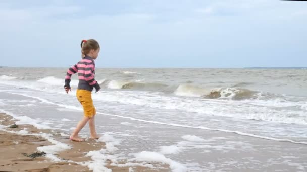 Ενεργό Joyfull μικρό κορίτσι παίζει με τα κύματα στην παραλία κοντά στο νερό. Καλοκαιρινές διακοπές, ευτυχισμένη παιδική ηλικία έννοια. - Πλάνα, βίντεο