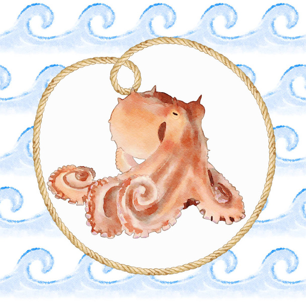 Watercolor Octopus Card Ilustração
 - Foto, Imagem