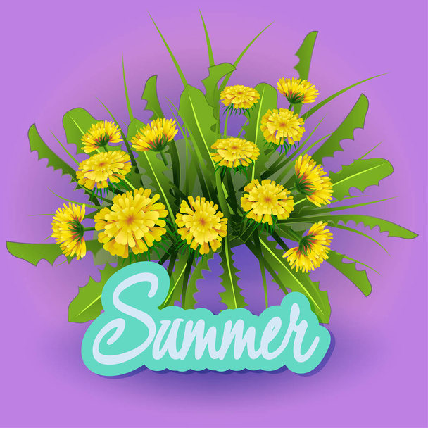 Vector illustration  Springtime on background with spring flowers. Dandelions. - Vettoriali, immagini