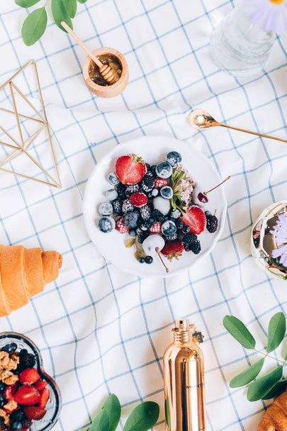 delicious fresh berries on table, top view - Photo, Image