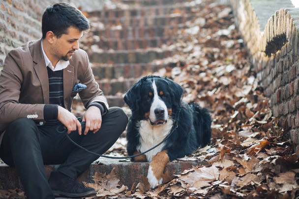 Bello giovane seduto sulle scale e godendo con il suo adorabile cane di montagna bernese
. - Foto, immagini
