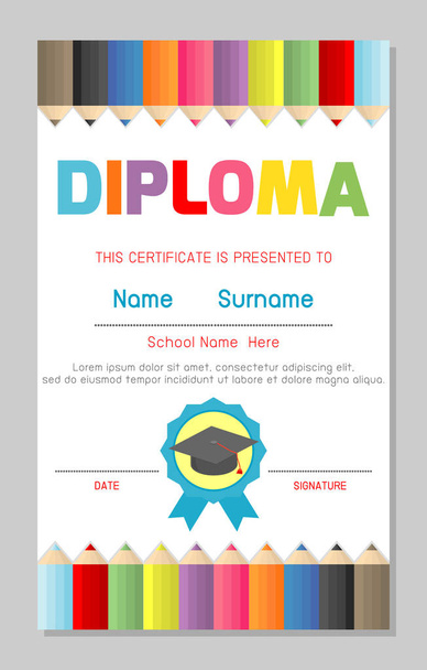 Anaokulu ve ilköğretim sertifikaları, okul öncesi çocuk diploması tasarım şablonu, anaokulu öğrencileri için diploma şablonu, çocuk diploması, vektör ilüstrasyonu - Vektör, Görsel