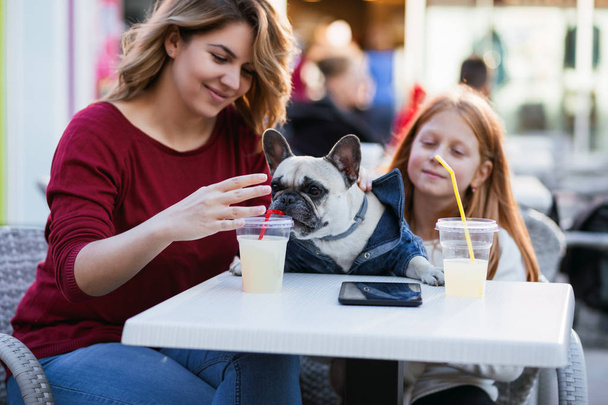 Madre e figlia godendo con il loro bulldog francese in mensa
 - Foto, immagini
