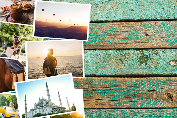 Muchas fotos en la superficie de madera. Recuerdos de viaje de Turquía incluyendo Estambul y Capadocia. Junto a las fotos hay un lugar para el texto
 - Foto, imagen
