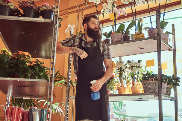 Professional male florist with beard and tattoo on his hand holds a hand sprayer in a flower shop. - Fotó, kép