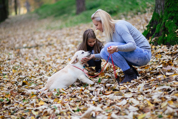 Mother and daughter with their labrador retriever puppy in park - Photo, Image