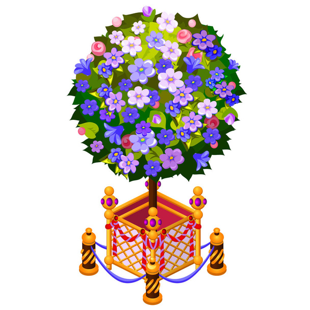 kompakter Baum im goldenen Topf mit Zaun isoliert auf weißem Hintergrund. Vektor-Karikatur in Nahaufnahme. - Vektor, Bild