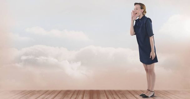 Digital composite of Businesswoman standing in room shouting with clouds - Фото, зображення