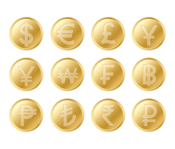Golden coin set. Realistic collection of lifelike gold coins. - Vector, imagen