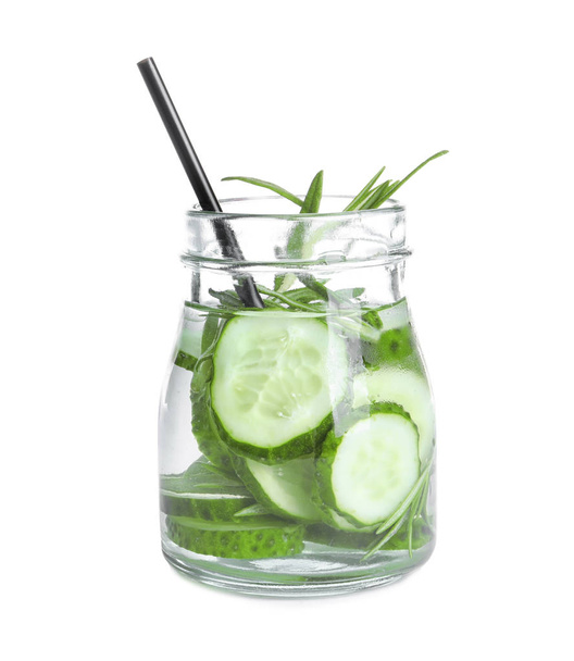 Natural lemonade with cucumber and rosemary in jar on white background - Φωτογραφία, εικόνα