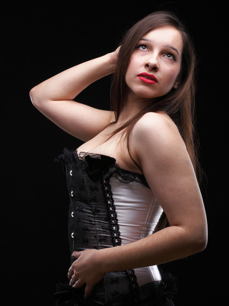 vintage brunette i- white corselette - Фото, изображение