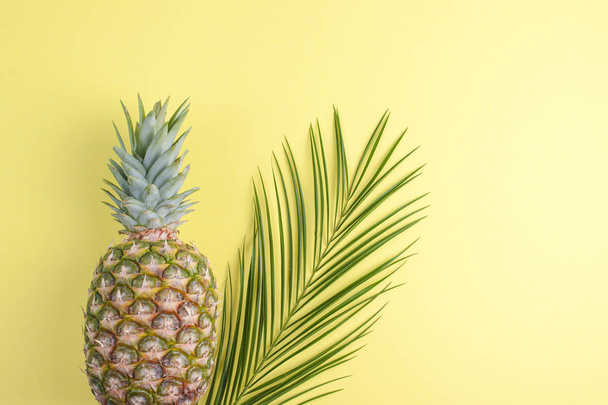 Tropical fruit of pineapple and palm branch on a yellow background. Free space for text. Copy space. flat lay. above - Fotografie, Obrázek