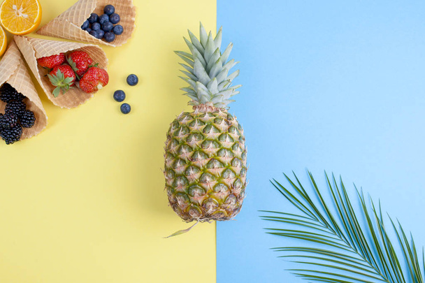 A tropical fruit is a pineapple and a palm branch on a yellow blue background, a variety of sweet berries. Free space for text. Copy space, flat lay - Foto, Bild