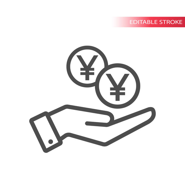 Outline flat icon of yen coins falling in hand. Hand and coins dropping web pictograph. Japanese yen coin and a palm. - Vector, Image