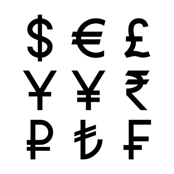 Популярні країни символи валют. Чорні ізольовані значки валюти
. - Вектор, зображення
