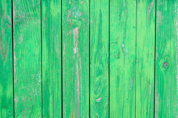 green wooden fence background, green peeled paint - Photo, Image