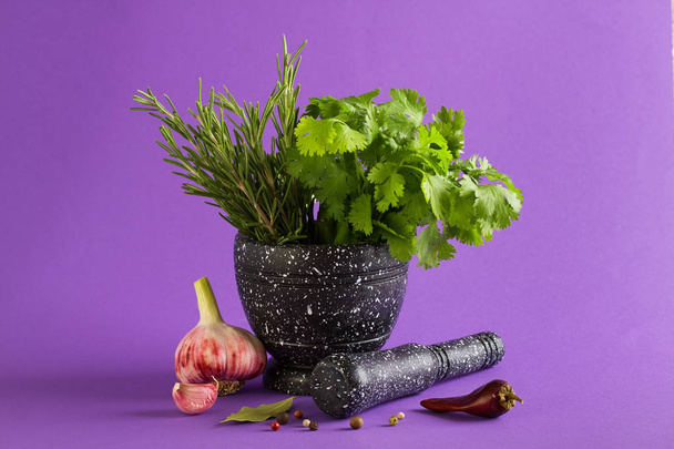 Marble mortar and pestles with rosemary, pepper, young garlic clove on wooden cutting board, purple background. Cooking food with spices meal preparation - Photo, Image