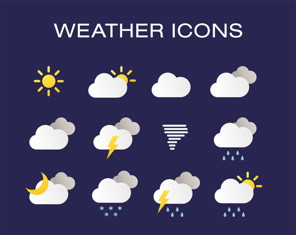 Complete set of modern realistic weather icons. Modern weather icons set. Flat vector symbols on dark background. - Vettoriali, immagini