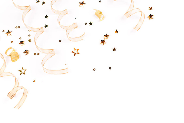 Golden Christmas decorations on white background. Christmas greeting concept. - Foto, Imagen
