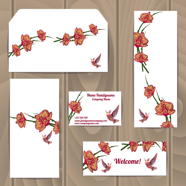 White with orchid flowers corporate style design templates on wooden background - Vector, Image