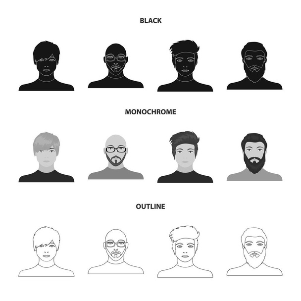 Twarz łysy mężczyzna z okulary i brodę, brodaty mężczyzna, wygląd faceta z fryzura. Twarz i wygląd zestaw kolekcji ikon w czarny, czarno-biały, zarys styl wektor symbol stock - Wektor, obraz