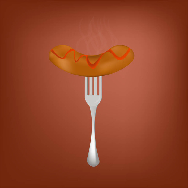 διάνυσμα φαγητό ζεστό λουκάνικο στη σχάρα με κέτσαπ με ένα πιρούνι σε κόκκινο φόντο για τη διαφήμιση - Διάνυσμα, εικόνα