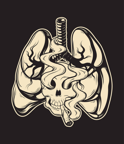 Ilustración dibujada a mano vectorial del cráneo humano con humo y pulmones. Tatuaje creativo. Plantilla para tarjeta, póster. banner, impresión para camiseta, pin, insignia, parche
. - Vector, imagen