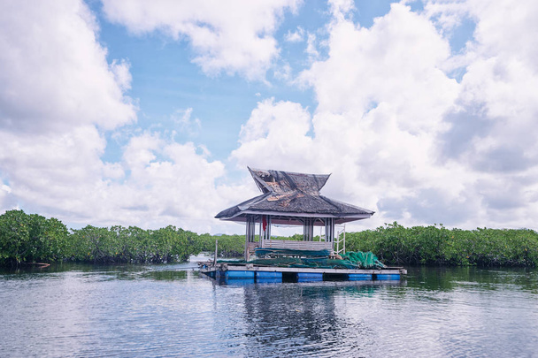 Prachtig uitzicht op het landschap met blauwe zee, tropische eilanden en visserij huizen op palen in de lagune van de mangrove, Siargao eiland, Filippijnen. - Foto, afbeelding