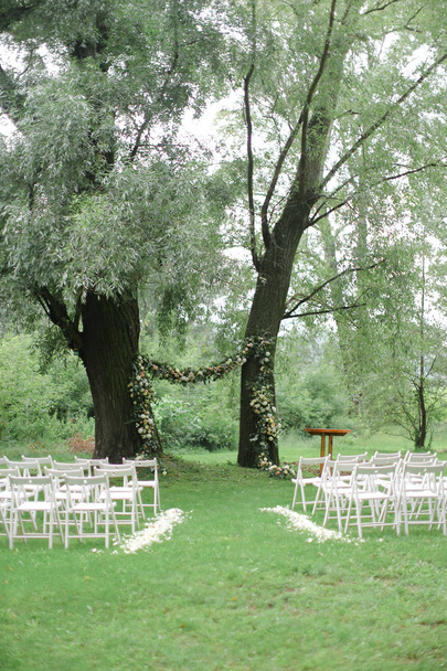 Λουλούδι αψίδα για νυφικά και λευκές καρέκλες στο πάρκο. - Φωτογραφία, εικόνα